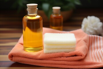 Obraz na płótnie Canvas Spa Treatment. Gel Bottle and Body Sponge on Peach Bath Cloth - Relaxation and Pampering