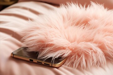A modern fashionable smartphone is lying on the bed covered with a luxurious fur pillow