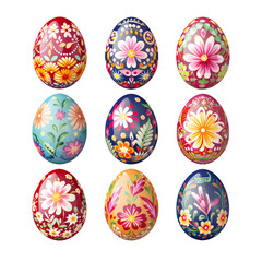 Set of colorful patterned Easter eggs on PNG transparent background for Easter and Thanksgiving decorations.