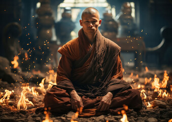 An ascetic Buddhist monk sitting in a lotus position in a dimly lit cave surrounded by a burning flame - obrazy, fototapety, plakaty