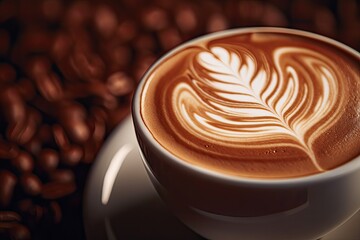 a cappuccino cup in close-up against a background of coffee beans
