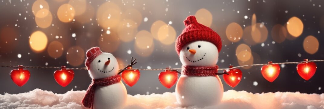 Christmas snowman's with red hat on head. Snowman in snow with white snowflakes on night background. Realistic cartoon style. Winter Christmas background, new year 2024 banner