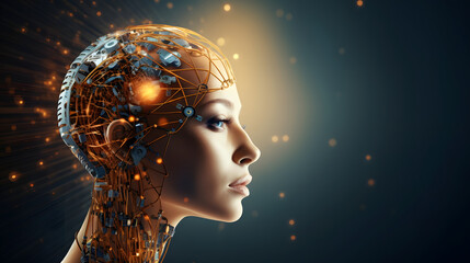 woman's face with artificial intelligence embedded in brain highlighting chips wires and electric signals communicating. conceptual image. futuristic cognitive-enhancement.