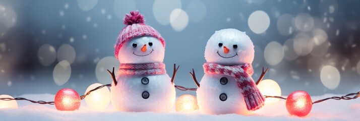 Christmas snowman's with red hat on head. Snowman in snow with white snowflakes on night background. Realistic cartoon style. Winter Christmas background