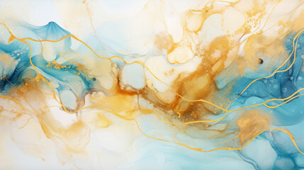 Marble ombre, alcohol ink, abstract art. Background made of white, gold and light blue paints, gold...