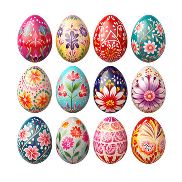 Set of colorful patterned Easter eggs on PNG transparent background for Easter and Thanksgiving decorations.