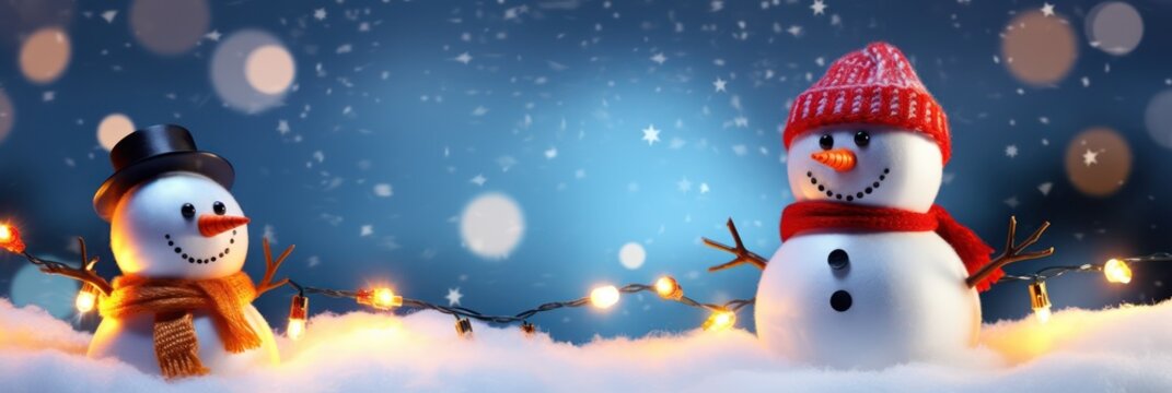 Christmas snowman's with red hat on head. Snowman in snow with white snowflakes on night background. Realistic cartoon style. Winter Christmas background