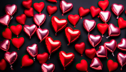 Red foil balloons in the shape of a heart on a dark background. Valentine's Day Celebration, Birthday, Mother's Day