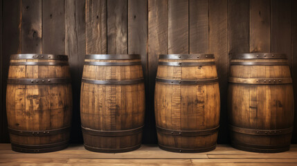 Fototapeta premium Four wooden barrels on wooden background in cellar of vinery. Generative AI