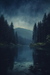 Un lac, une forêt et des arbres, au crépuscule, avec une couleur bleu nuit