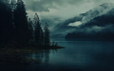 Un lac, une forêt et des montagnes, au crépuscule, avec une couleur bleu nuit