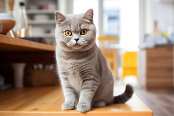 Adorable domestic cat sitting on table, looking at camera.