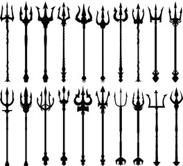 Set of trident silhouettes isolated on white background