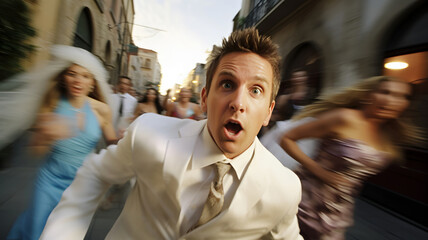Wedding day crisis and panic. Runaway bridegroom. A Stressed man fleeing from his own wedding ceremony, while bride and guests follow him. cinematic motion blur effects.