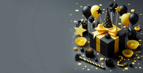 black Friday shopping, Sales background design black and gold gift box with balloons, stars and confetti on party theme ,AI generated