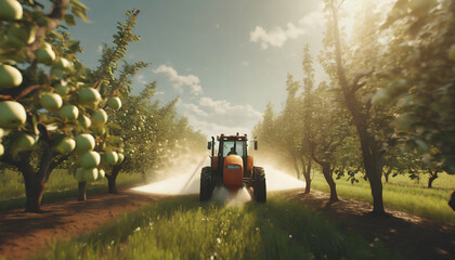 trattore fertilizzante agricoltura frutteti inquinamento  - obrazy, fototapety, plakaty