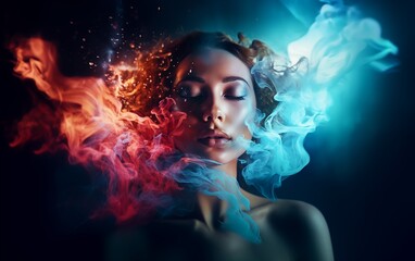 portrait of a woman with colored gradient smoke, in the style of smooth mixing of shapes, bright color palette, bright lighting, fashion concept, nightclub, hookah smoke, relaxation - obrazy, fototapety, plakaty