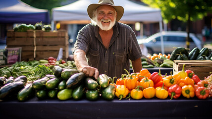 A farmer selling produce at a lively farmers market.
