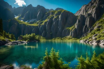 A remote mountain lake framed by rocky cliffs and dense foliage, with the azure sky mirrored in the still waters, offering a glimpse of untouched wilderness