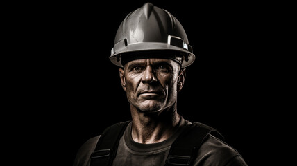 Fototapeta premium Black and white portrait of a construction worker with helmet on black background.