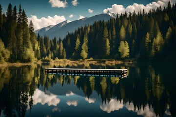 A peaceful lake reflecting the surrounding forest, with a small wooden pier extending into the...
