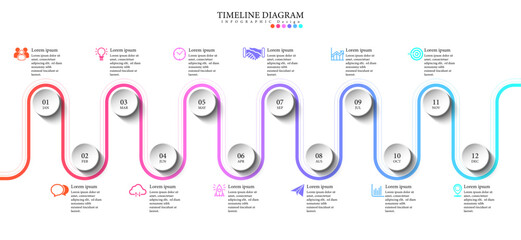 Infographic workflow diagram 12 months infographic number Process flow chart with icons. Illustration vector data concept of process and data chart - obrazy, fototapety, plakaty