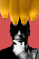  Collage with a thinking man and bananas