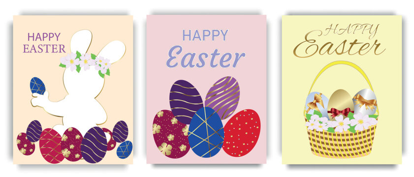 Happy Easter with painted bright eggs, bunny and Easter basket, on bed background. International spring holiday design for greeting card or invitation.Vector illustration.