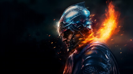 Portrait of a knight in shining armor, fire and sparks. Middle Ages, a male warrior after a battle