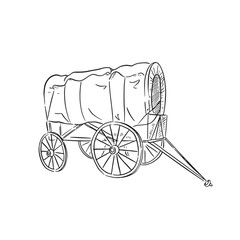 A line drawn illustration of a cowboy style wagon with a fabric top and made of wood. Creative by hand and vectorised digitally to use for all sorts of Wild West themed things.
