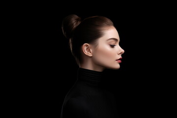 Fashion art studio portrait of beautiful elegant woman in black turtleneck. Hair high beam, perfect profile face. Elegant beauty style - Powered by Adobe