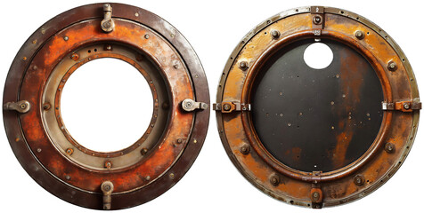 Two metal portholes of a nautical vessel made of rusty iron, isolated on white or transparent background, png. Generative Ai.