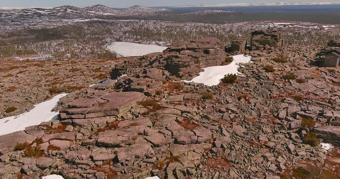 Aerial landscape view of rocky Pyhätunturi fell also known as Pyhä-Nattanen fell in spring, Sodankylä, Lapland, Finland.