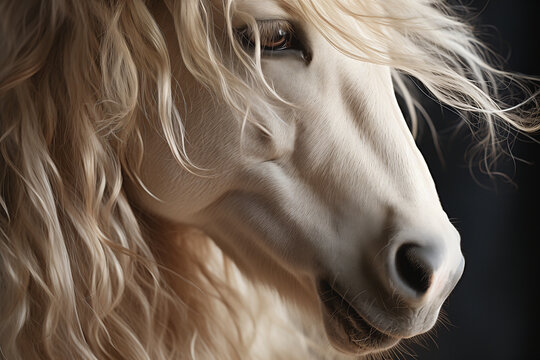 Close up portrait of a beautiful beige nighting horse made in studio light on a plain background. Banner, poster, postcard, wallpaper