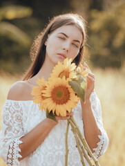 Caucasian woman walking in a field and holding a bouquet of sunflowers. Portrait of charming woman wearing white dress. Summer time. Lifestyle concept.