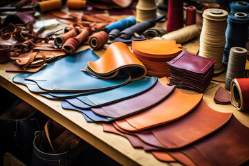 Leather craft or leather working. Selected pieces of beautifully colored or tanned leather on leather craftman's work desk .