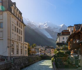 The Arve river and Mont Blanc in Chamonix, Haute Savoie, France - 692990597