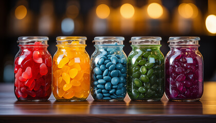 Five preserving jars on kitchen cupboard with assortment of colorful candy. Concept of sweets, choice, selection. 