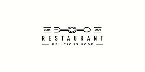 Creative Restaurant Logo Design. Spoon and Fork Infinity Knot Concept with Outline Lineart Hipster. Delicious Icon Symbol Logo Design Template. - obrazy, fototapety, plakaty