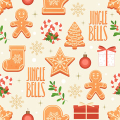 Materiał do szycia Christmas colorful seamless surface pattern with gingerbread cookies, mistletoe, balls, candy cane, gift boxes and jingle bells sign