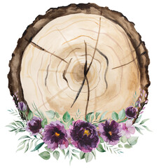 Watercolor wooden round slices with purple roses bouquet. Isolated illustration element