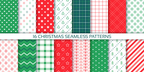 Merry Christmas patterns. Seamless backgrounds. Festive Xmas textures with tree, check, star, stripe, dots. Set of noel prints for wrapping paper. Collection red green backdrops. Vector illustration