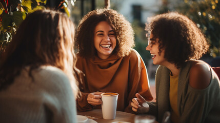 Happy beautiful female friends meeting outdoors and having fun drink at cafe shop. Millennial women social networks.