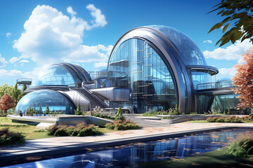 Building and facility design. Cutting edge manufacturing plant or futuristic industrial park research center.