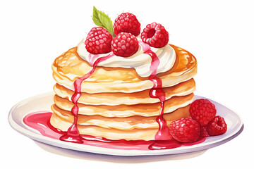Pancake day - Raspberry Pancakes with Forest Fruit Sirup and Cream Isolated on White Background. Hand Drawn Watercolour Illustration. Happy Pancake Day