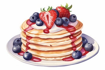 Pancake day - Strawberry and Blueberry Pancakes with Forest Fruit Sirup Isolated on White Background. Hand Drawn Watercolour Illustration. Happy Pancake Day