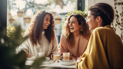 Happy beautiful female friends meeting outdoors and having fun drink at cafe shop. Millennial women social networks. - Powered by Adobe