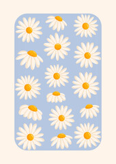 Greeting card with cute chamomile flowers. Botanical vector isolated illustration for postcard, poster, ad, decor, fabric and other uses.