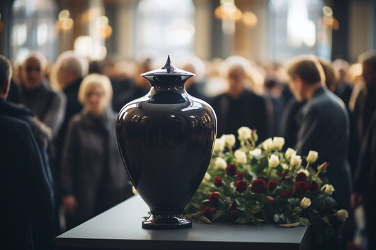 A Funeral urn with ash stands with flowers in a cemetery chapel just before the funeral service. Farewell to the deceased in church.