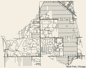 Detailed hand-drawn navigational urban street roads map of the NORTH PARK COMMUNITY AREA of the American city of CHICAGO, ILLINOIS with vivid road lines and name tag on solid background
